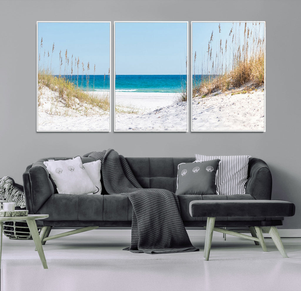 Serene Coastal Dune Path with Ocean View, 3-Panel Beach Canvas Wall Art