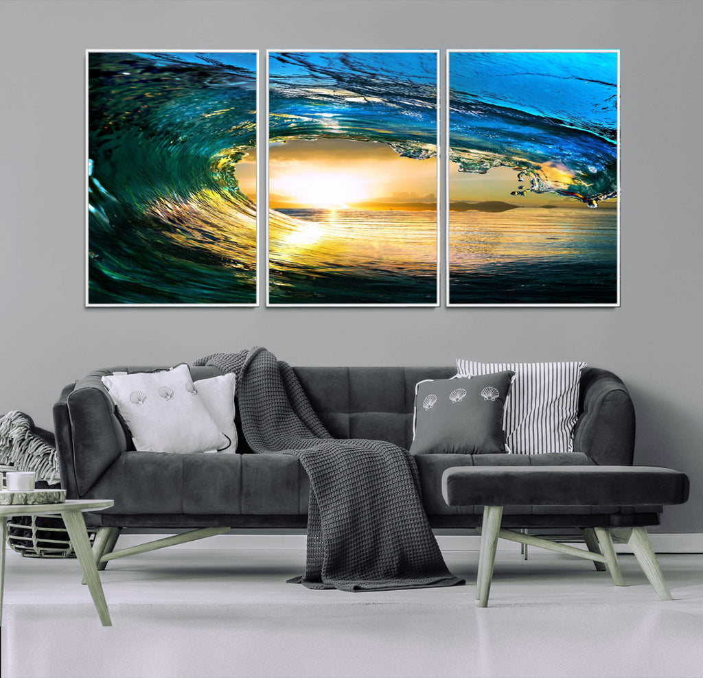 Ocean Wave at Sunset Canvas Art, Large Wall Print of Vibrant Surfing Wave
