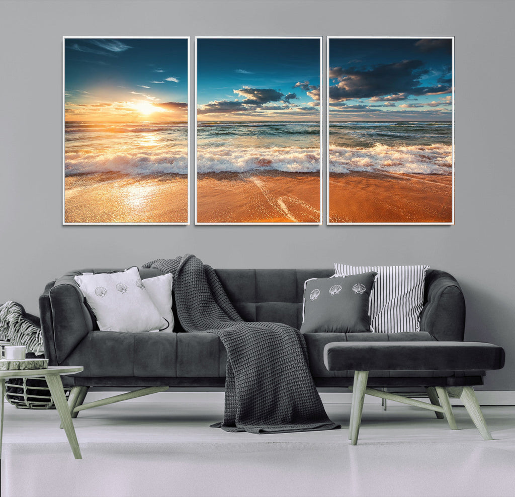 Golden Sunset Beach Triptych Canvas Art, Giclee Coastal Wall Decor, Ocean Waves Print