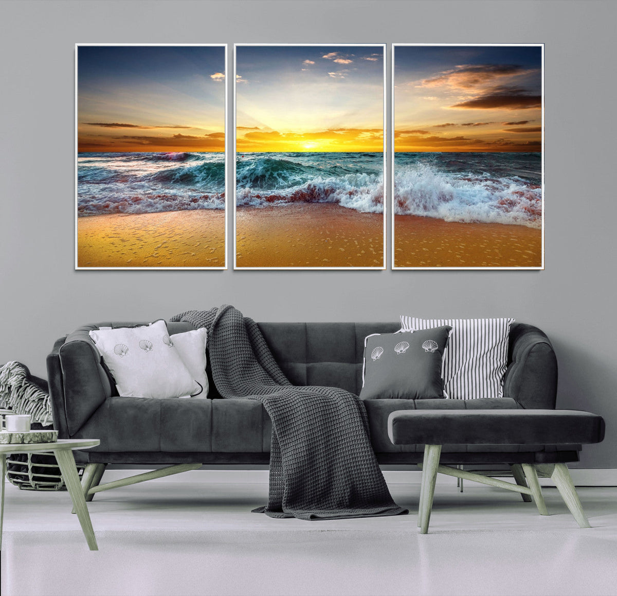 Golden Sunset Ocean Waves Wall Art Canvas Print | Multi Panel Beach Canvas Set, Coastal Triptych