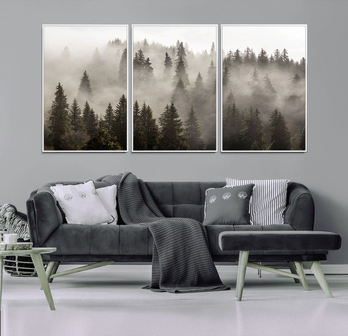 Foggy Mountain Wall Art | 3-Panel Foggy Forest and Mountain Landscape Canvas Print