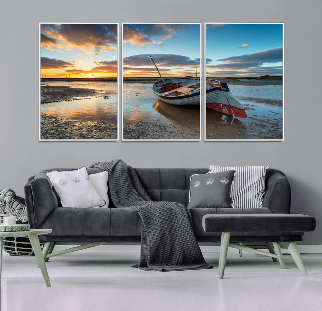 Small Boat At The Beach Sunset Wall Art, Boat Sunset Wall Art Canvas Print