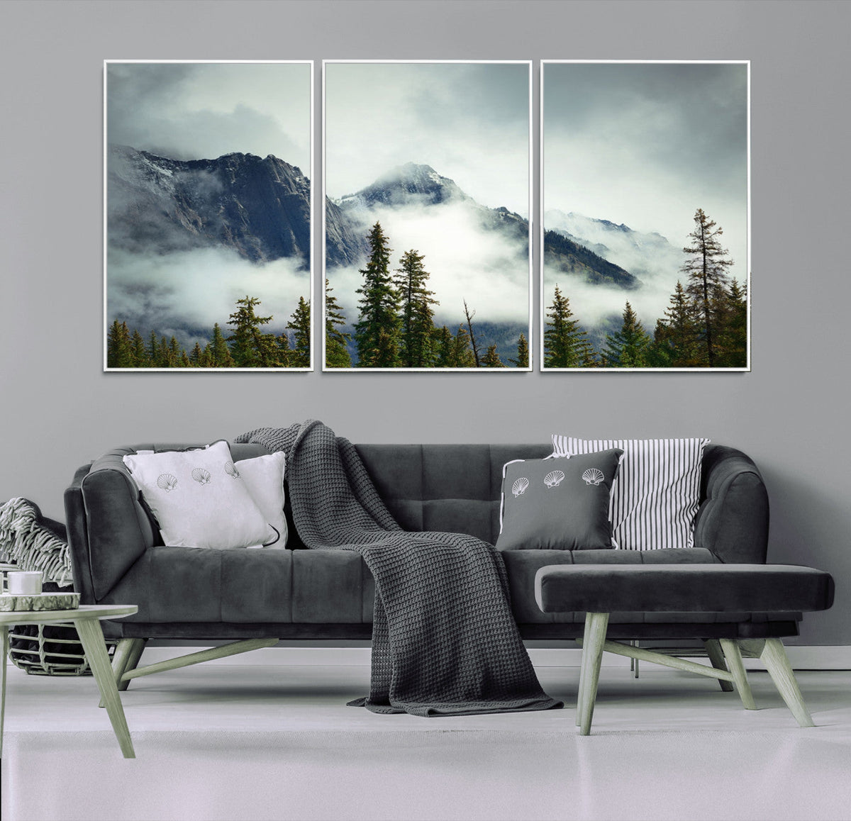Mountain Mist Canvas Wall Art Print | 3-Panel Foggy Forest and Mountain Landscape