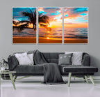 Palm Tree Sunset On The Beach Wall Art Canvas, Framed Palm Tree Sunset Canvas Print