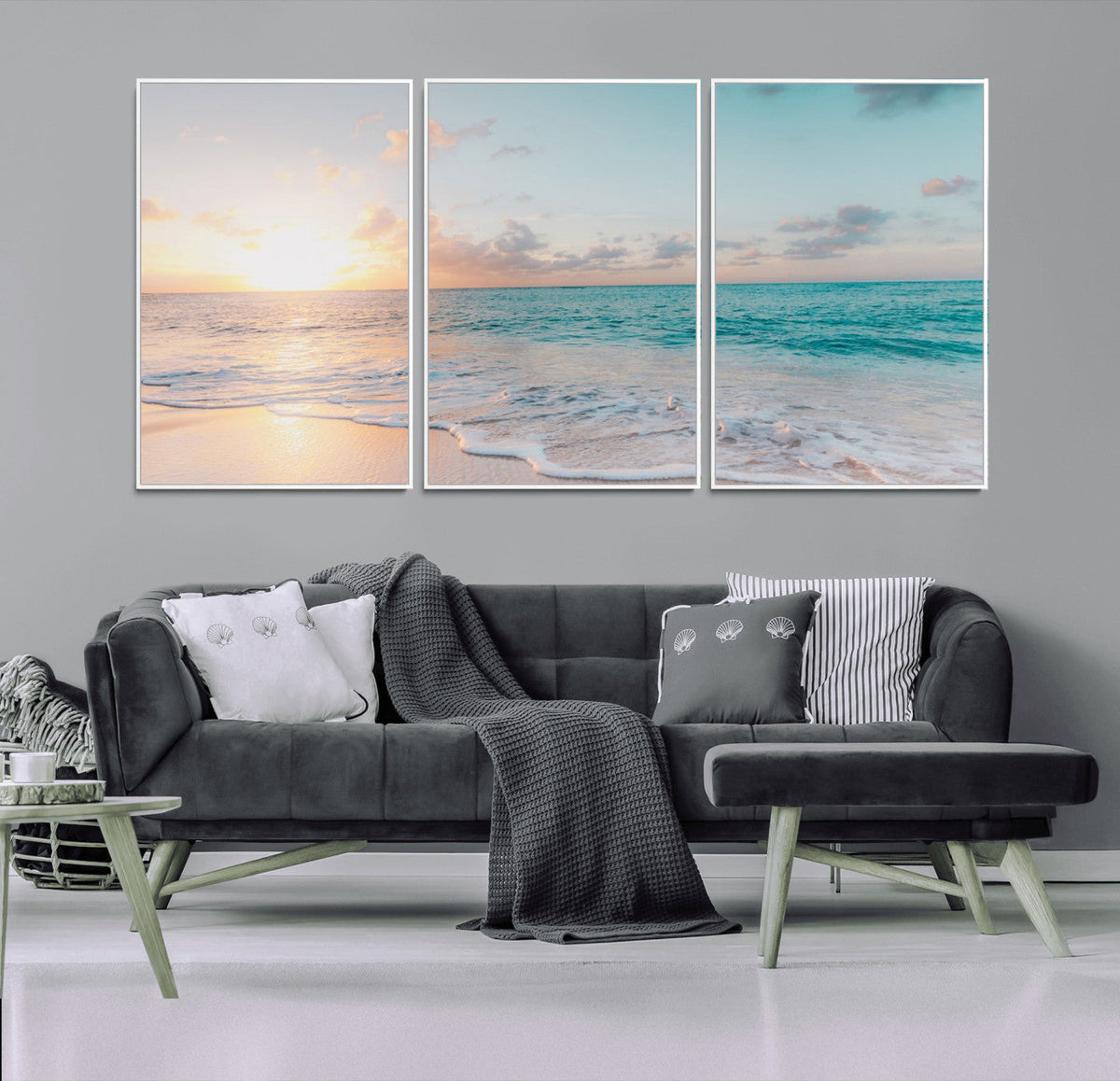 Tranquil Ocean Beach Sunset Canvas Wall Art | 3-Panel Coastal Decor