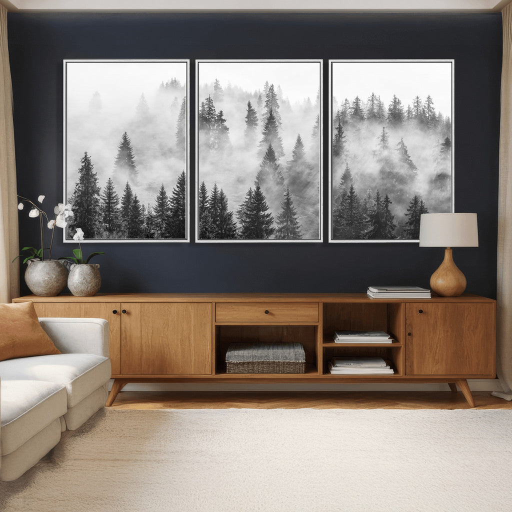 Forest Wall Art Print | Foggy Pine Forest Canvas Wall Art, Black and White Nature Decor