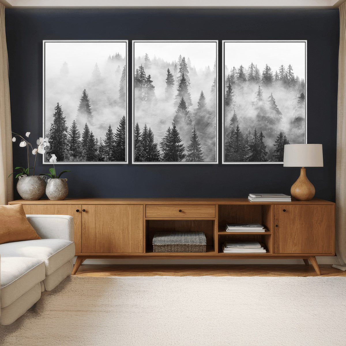 Forest Wall Art Print | Foggy Pine Forest Canvas Wall Art, Black and White Nature Decor