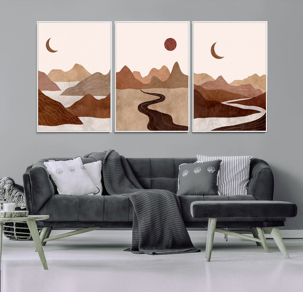 Boho Wall Art Canvas Print Set | Mid-Century Bohemian Wall Artwork, Boho Neutral