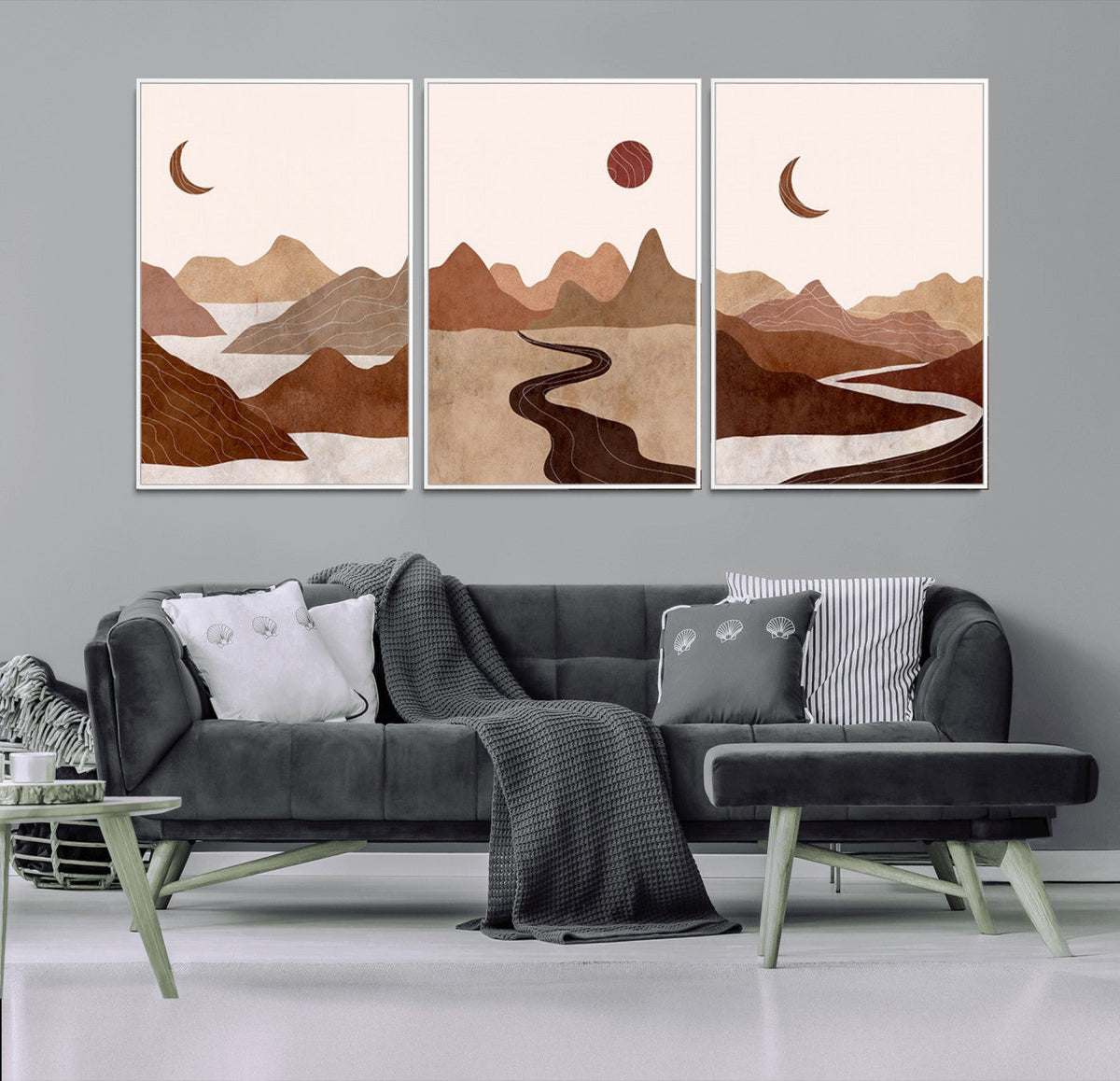 Boho Wall Art Canvas Print Set | Mid-Century Bohemian Wall Artwork, Boho Neutral