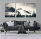 Forest Mountain Print | Black and White Canvas Wall Art with Misty Forest Design