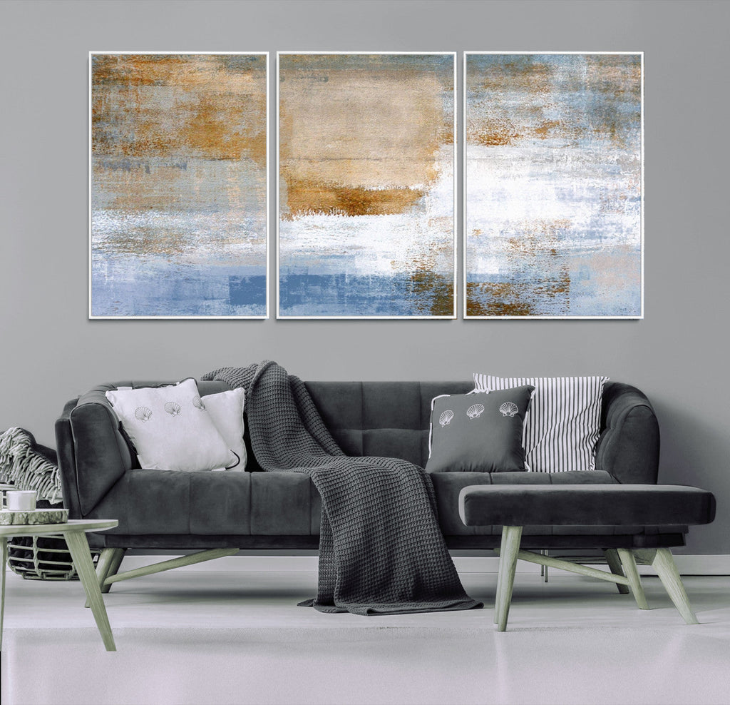 Blue Multi Panel Abstract Wall Art Canvas, Abstract Blue and Gold Canvas Print