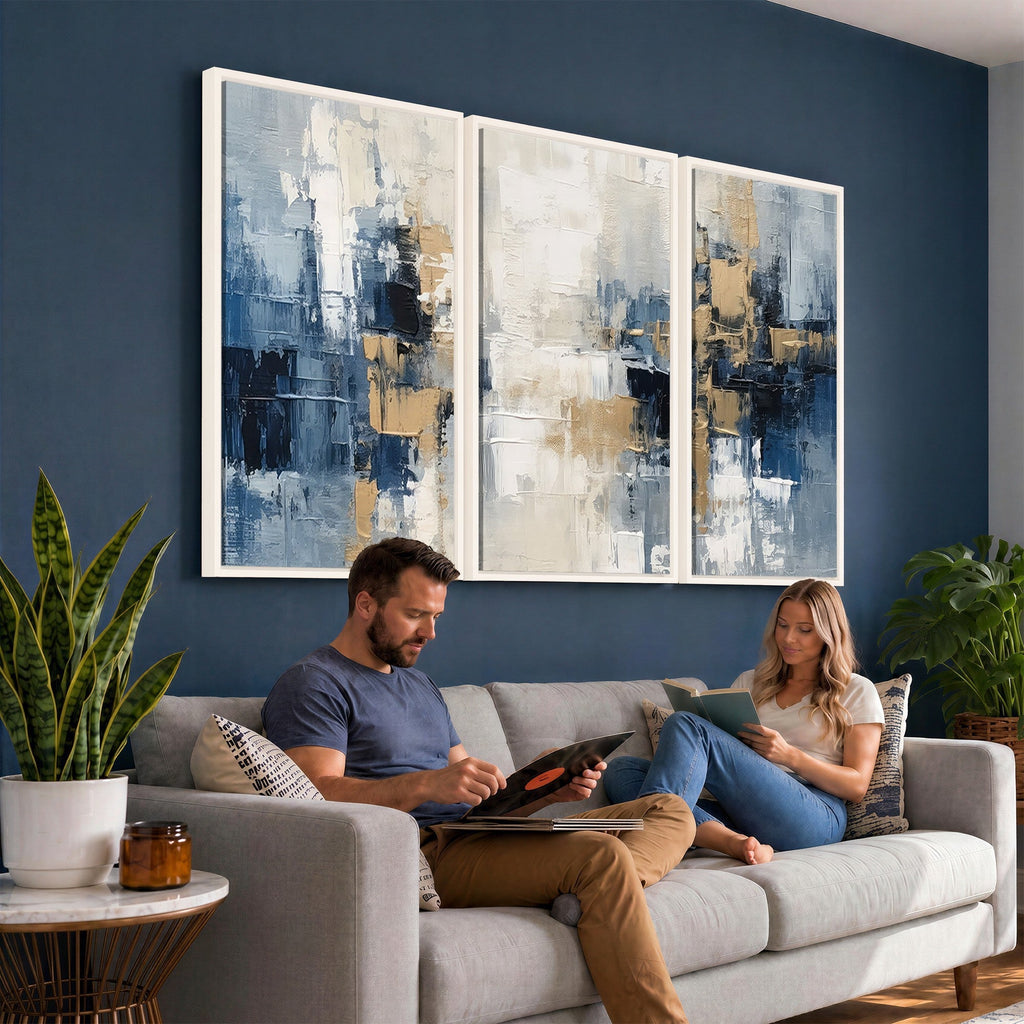 Modern Abstract Canvas Wall Art in Blue and Gold Tones | Large Contemporary Art for Living Room