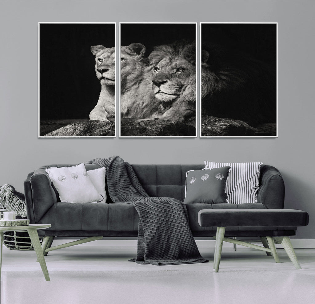 Lion Couple Wall Art Canvas Print, Elegant Black and White Wildlife Portrait