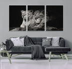 Lion Couple Wall Art Canvas Print, Elegant Black and White Wildlife Portrait