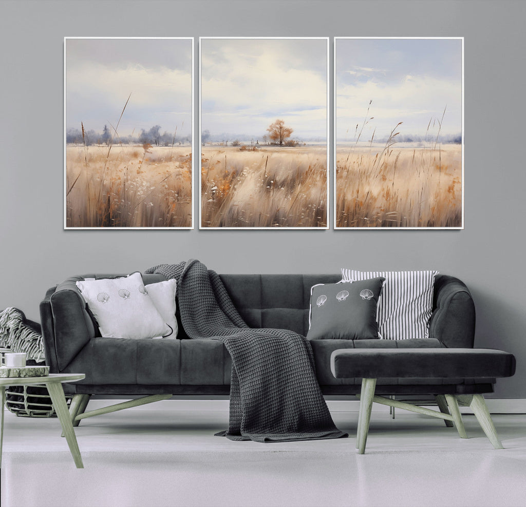 Golden Fields Wall Art Print Canvas | Serene Minimalist Landscape for Farmhouse Decor