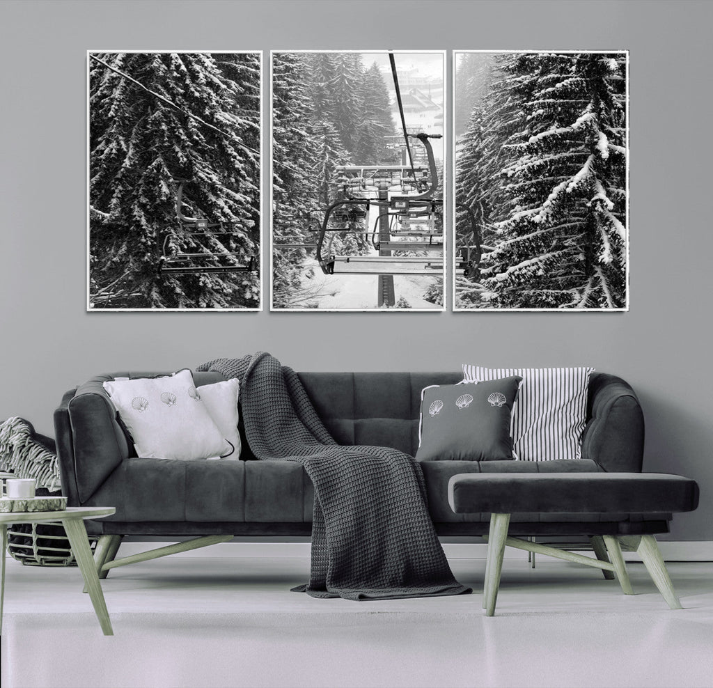 Winter Ski Lift Black and White Canvas Wall Art | Alpine Escape in Minimalist Style