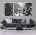 Winter Ski Lift Black and White Canvas Wall Art | Alpine Escape in Minimalist Style