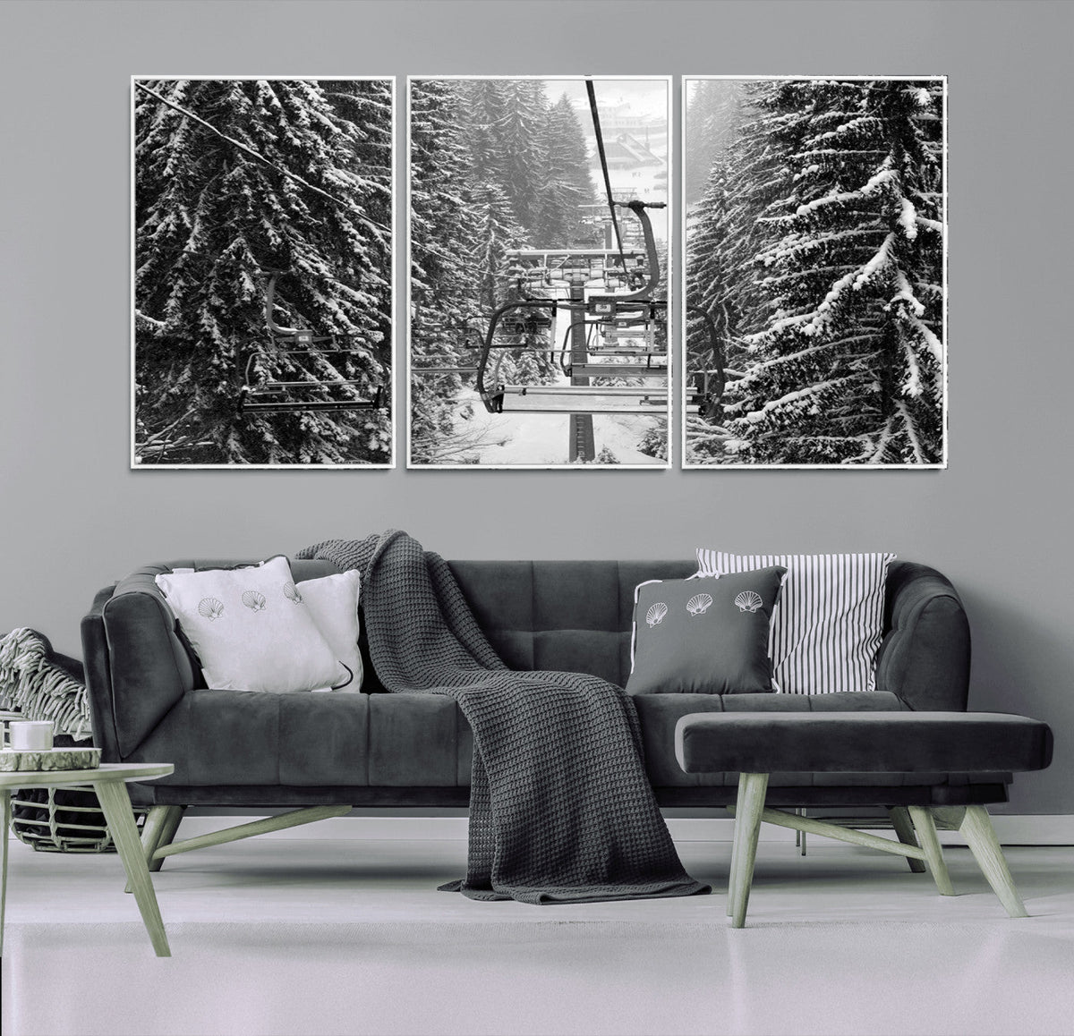 Winter Ski Lift Black and White Canvas Wall Art | Alpine Escape in Minimalist Style