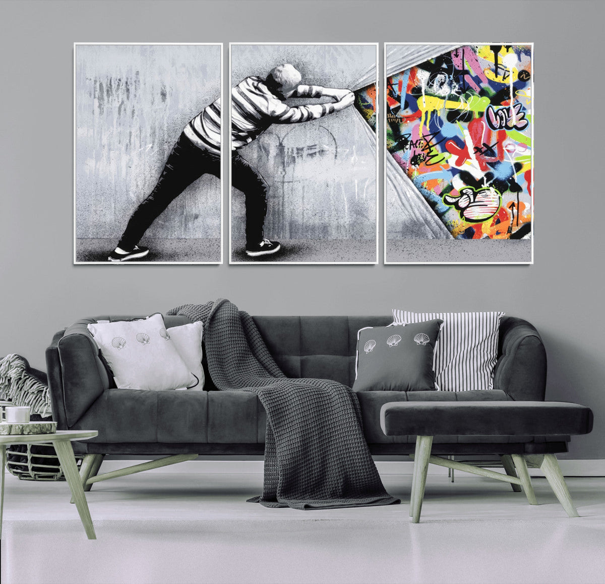 Banksy Art Behind the Curtain Street Wall Art Canvas Print | Urban Graffiti Style Wall Decor