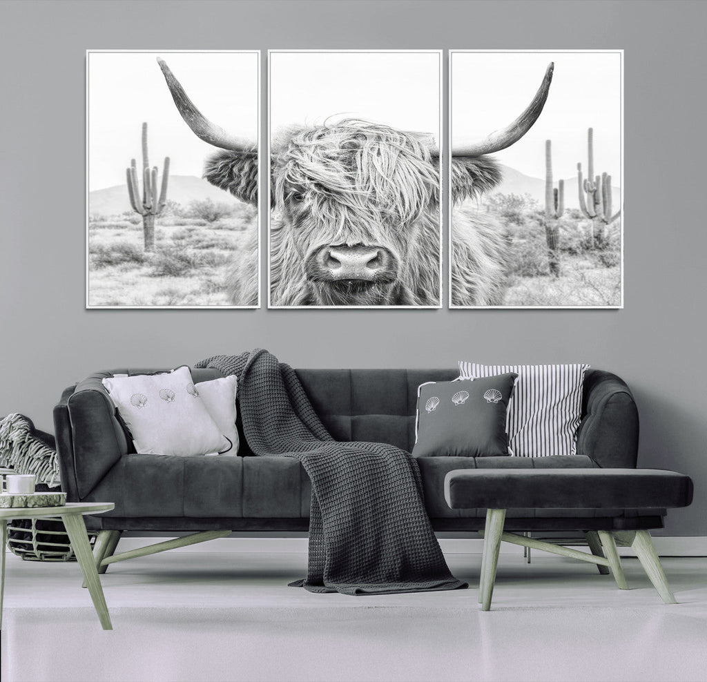 Rustic Charm, Cow Longhorn Black White Bighorn Wall Art