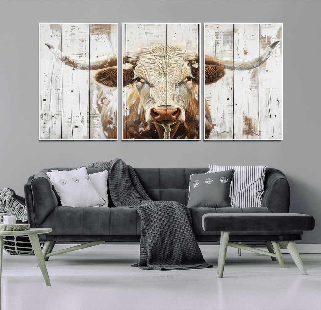 Rustic Longhorn Bull Wall Art Canvas Set