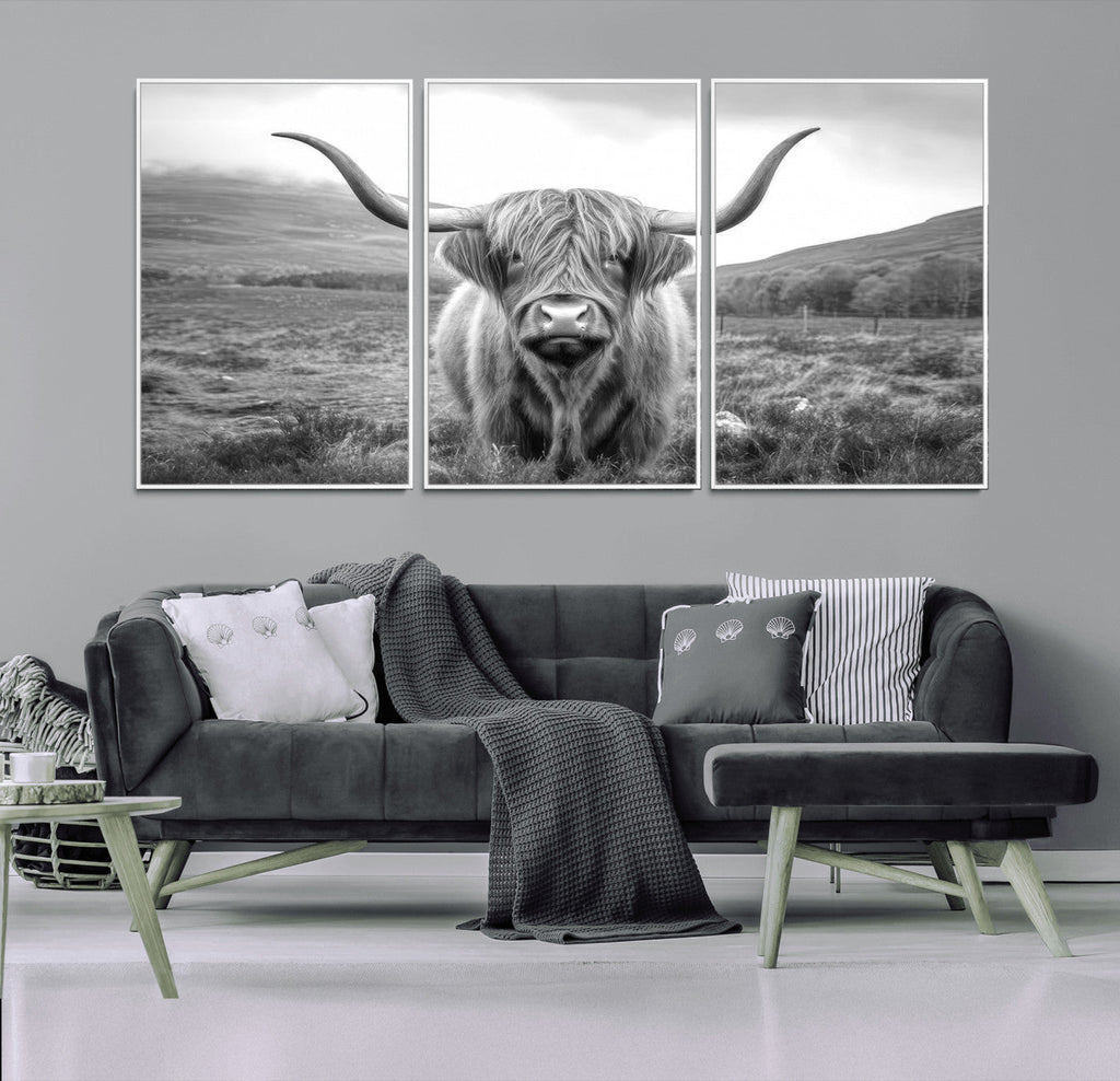 Black White Scottish Highland Cow Canvas Farm Wall Art