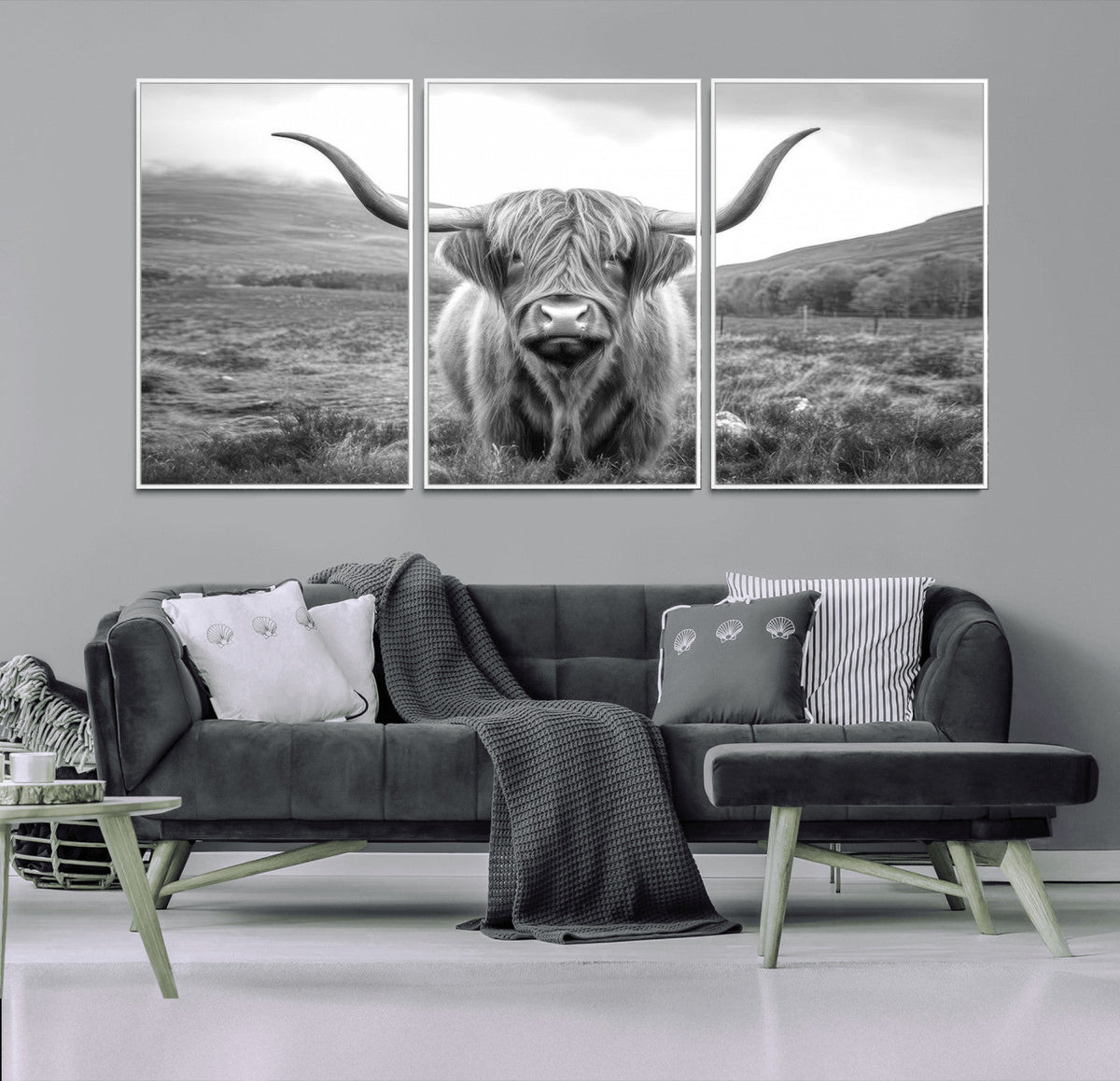 Black White Scottish Highland Cow Canvas Farm Wall Art