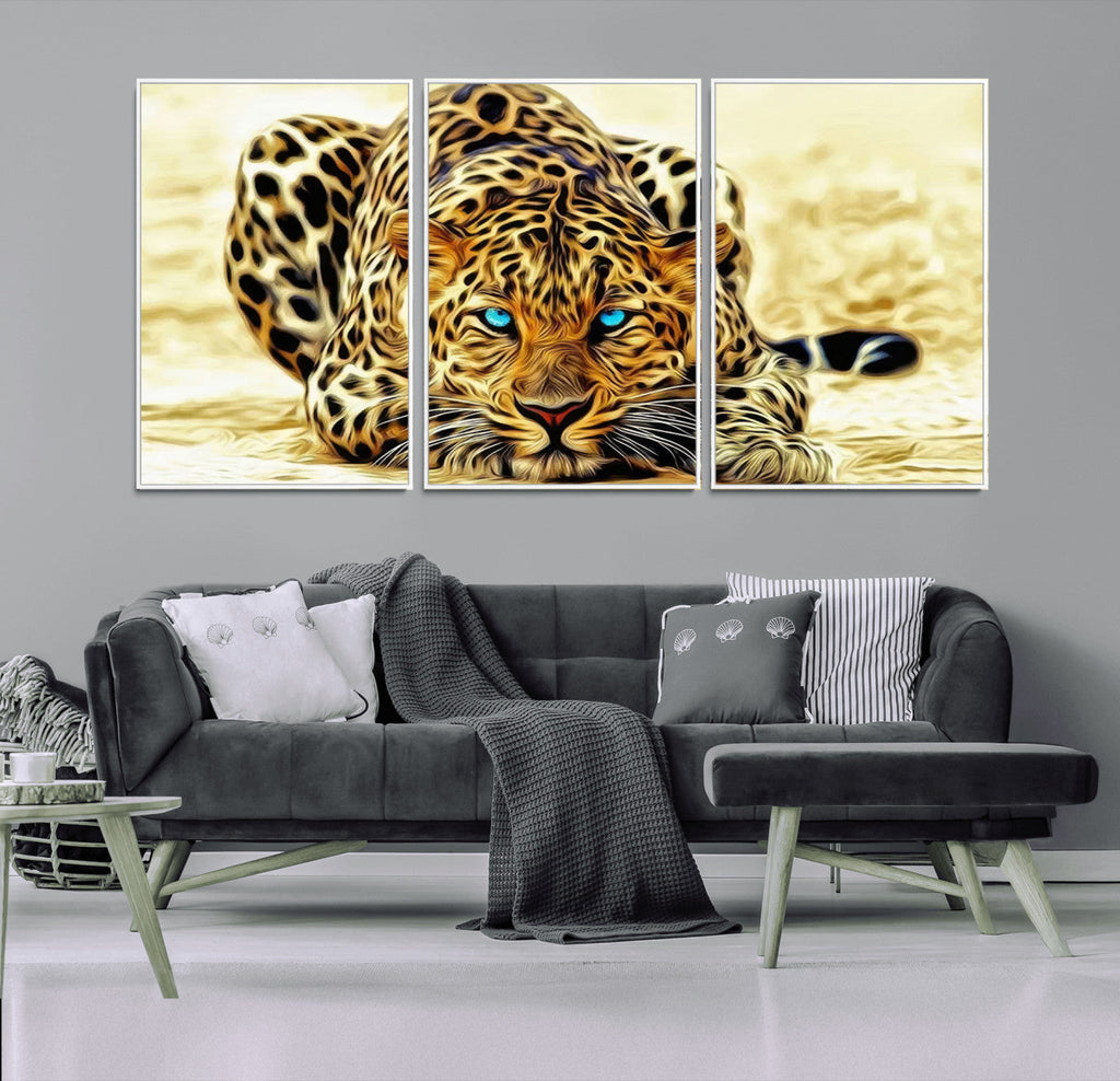Blue-Eyed Leopard Canvas Wall Art, Framed Animal Print, Fierce and Bold Decor for Living Rooms