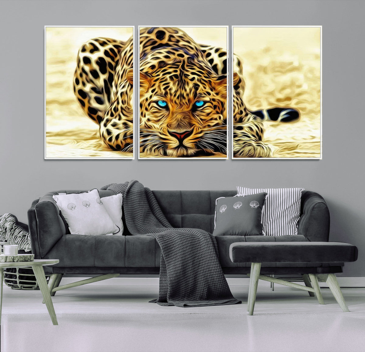 Blue-Eyed Leopard Canvas Wall Art, Framed Animal Print, Fierce and Bold Decor for Living Rooms