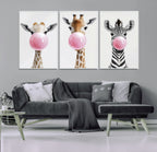 Bubblegum Animals Canvas Wall Art, Playful Giraffe and Zebra Trio, Whimsical Nursery and Kids Room Decor