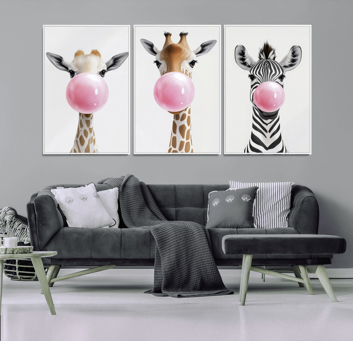 Bubblegum Animals Canvas Wall Art, Playful Giraffe and Zebra Trio, Whimsical Nursery and Kids Room Decor