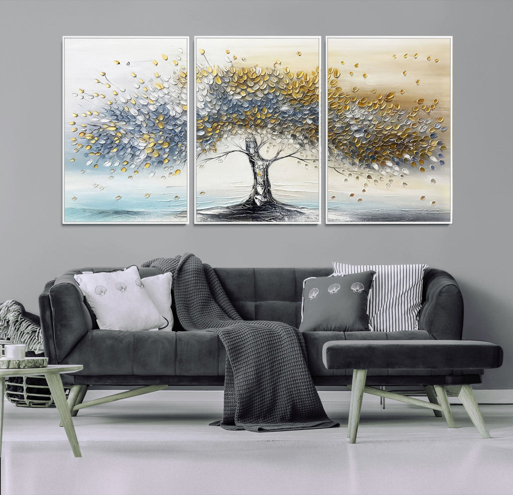 Golden and Silver Tree Wall Art | Framed Elegant Leaves Canvas