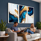 Gold Blue Abstract Canvas Print, Elegant Navy and Gold Marble Flow
