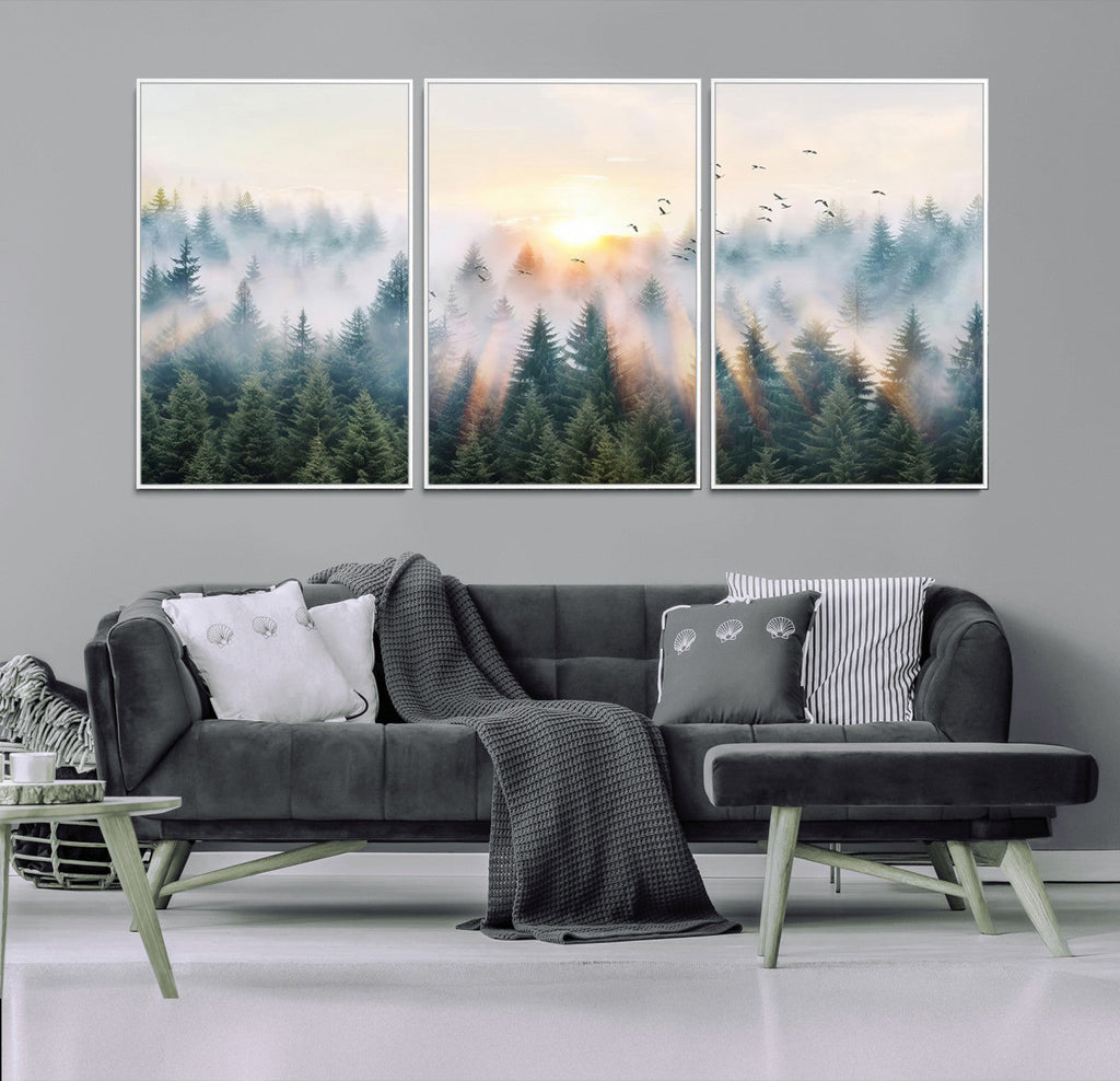 Misty Pine Forest Wall Art Canvas, Sunrise Over Foggy Trees