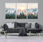 Misty Pine Forest Wall Art Canvas, Sunrise Over Foggy Trees