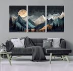 Moonlit Mountain Wall Art Canvas Print, Framed Silhouetted Pines Art, Layered Peaks Rustic Decor