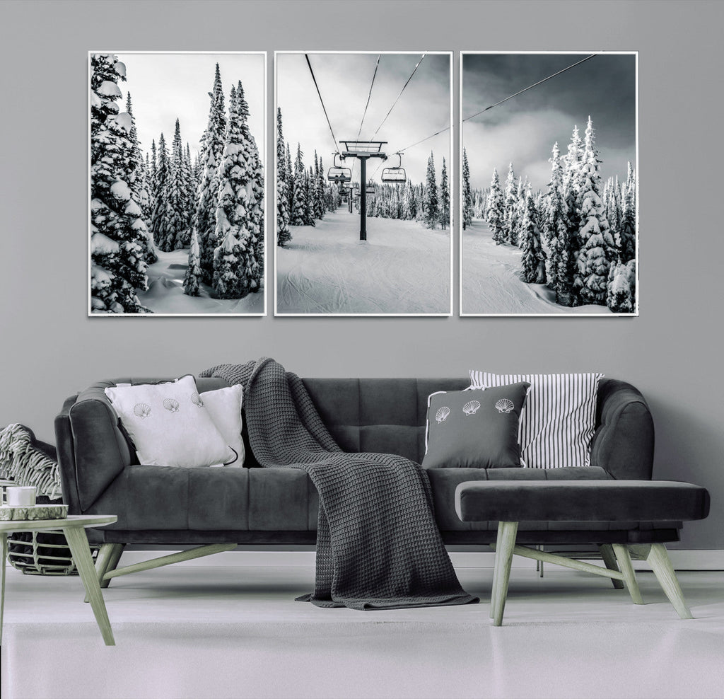 Snowy Pines Wall Art Canvas Print | Ski Lift in a Winter Forest
