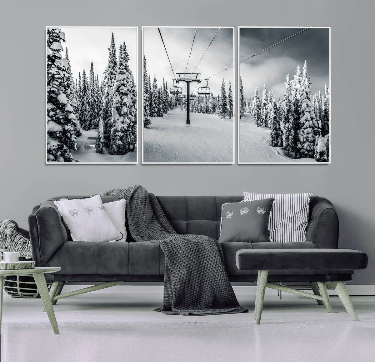 Snowy Pines Wall Art Canvas Print | Ski Lift in a Winter Forest