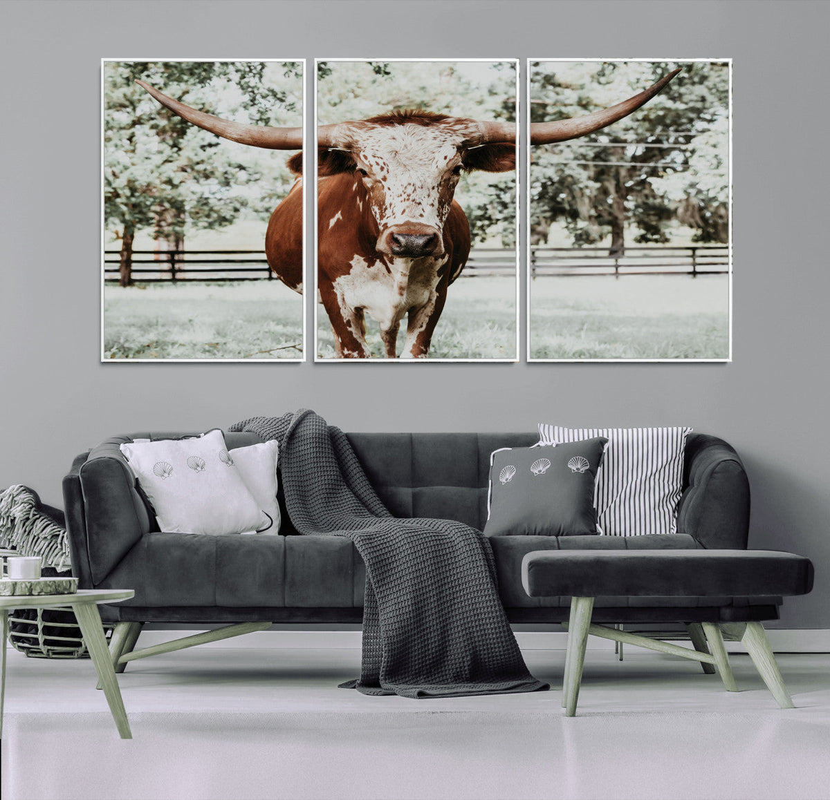 Texas Longhorn Wall Art Canvas Print | Framed Spotted Brown and White Bull