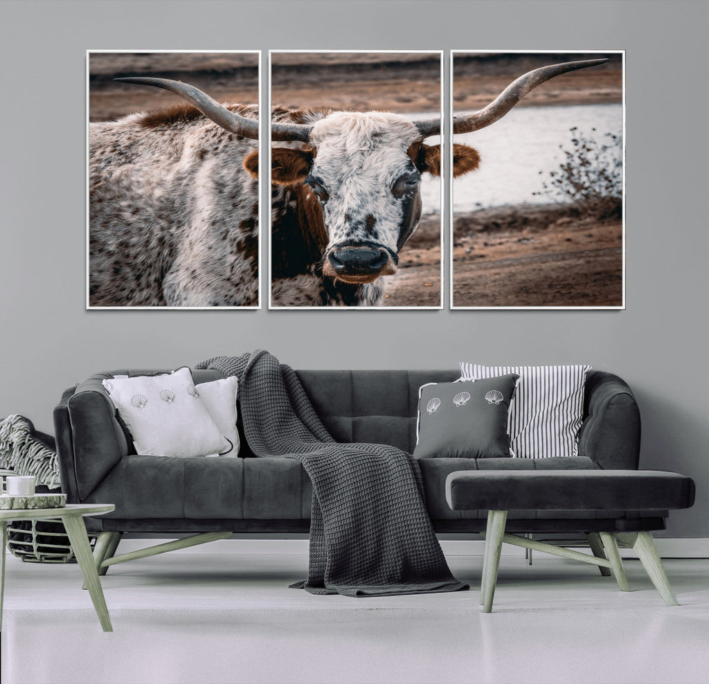 Texas Longhorn Wall Art Canvas Print | Framed Brown and White Spotted Longhorn