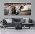 Texas Longhorn Wall Art Canvas Print | Framed Brown and White Spotted Longhorn