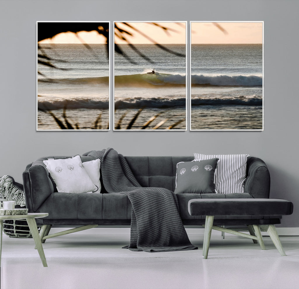 Sunset Surf Wall Art Canvas Print, Framed Golden Hour Waves Boho Beach Art