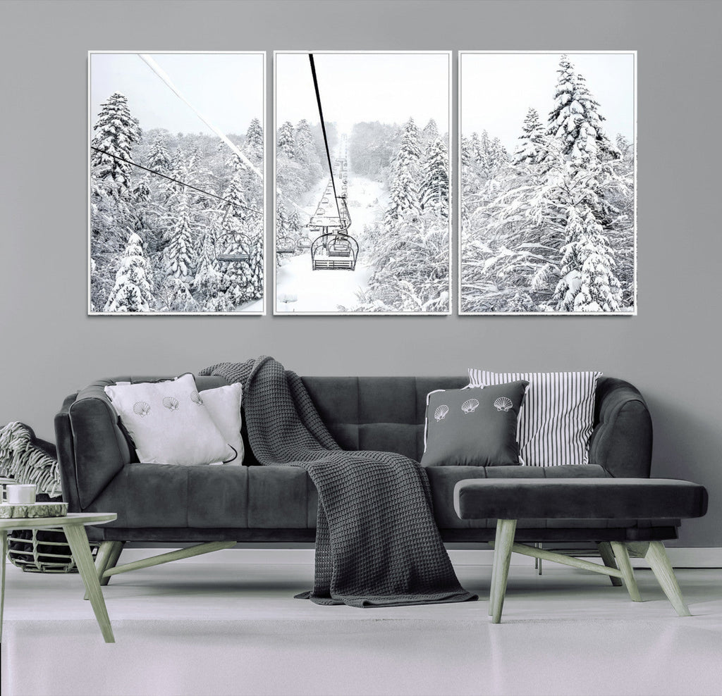 Snowy Ski Lift Wall Art | Framed Winter Mountain Canvas