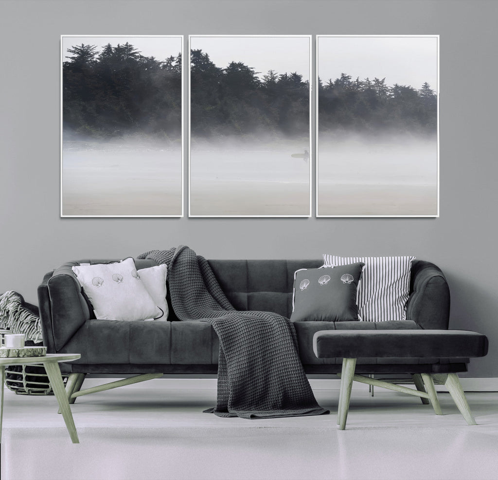 Surfer Fog Wall Art Canvas Print, Framed Foggy Beach and Coastal Surf Scene