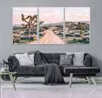 Joshua Tree Wall Art Canvas Print, Framed Desert Road Scene at Sunset