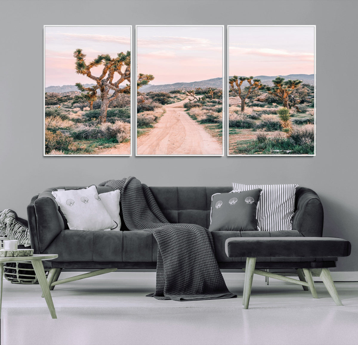 Joshua Tree Wall Art Canvas Print, Framed Desert Road Scene at Sunset