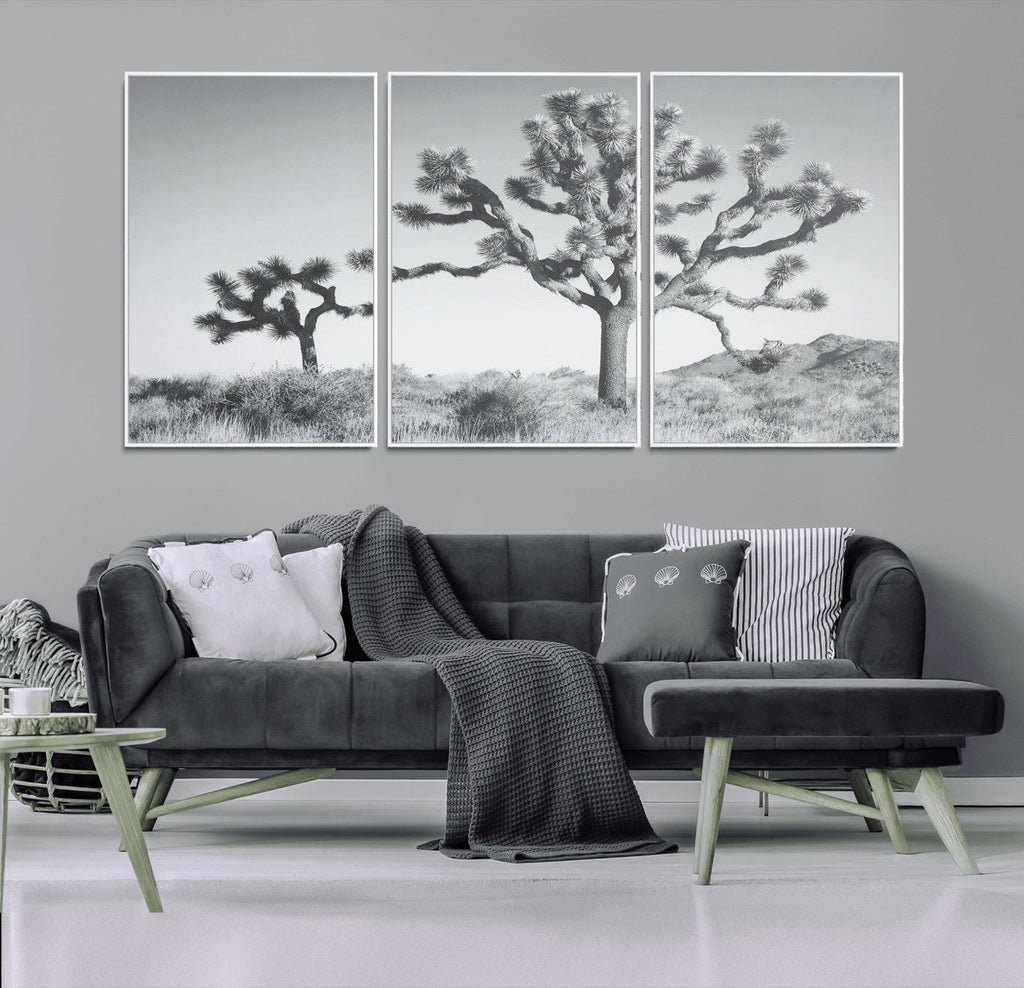 Joshua Tree Wall Art Canvas Print, Framed Black and White Desert Landscape Artwork