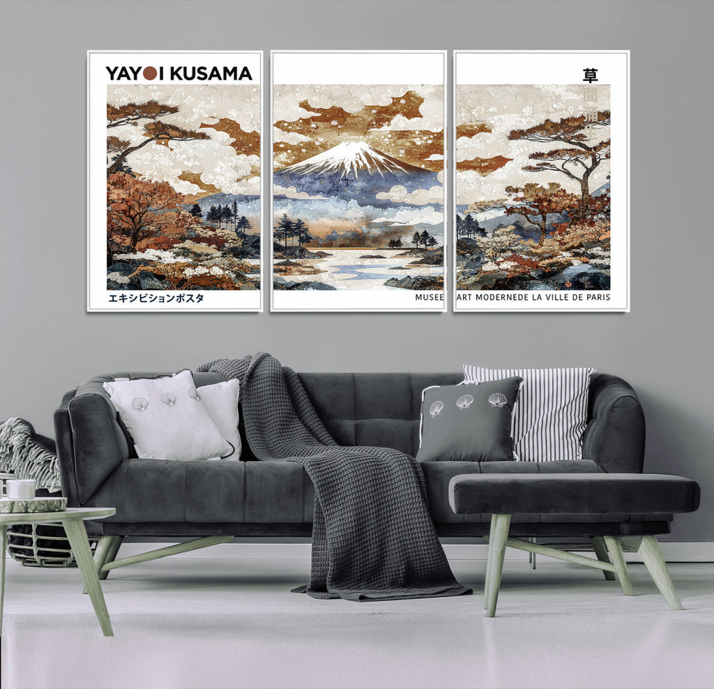 Modern Japanese Wall Art Canvas Print, Framed Abstract Mount Fuji Landscape, Yayoi Kusama Canvas Wall Art