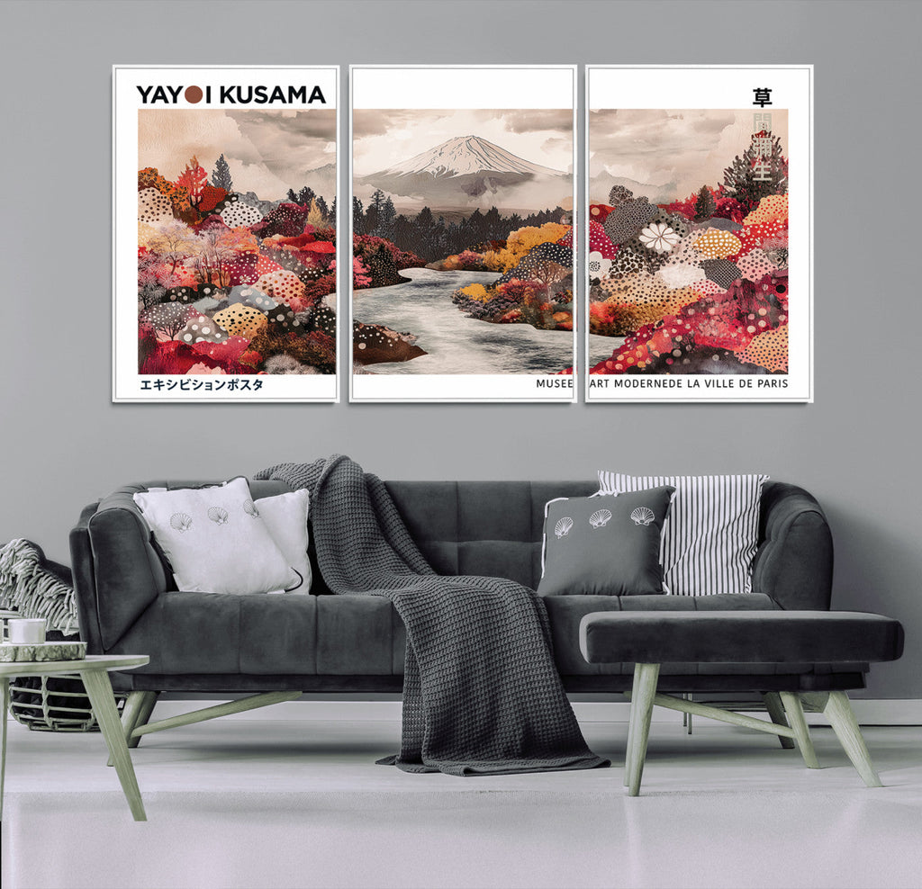 Modern Japanese Wall Art Canvas Print, Framed Abstract Mount Fuji Art, Yayoi Kusama Japanese Landscape