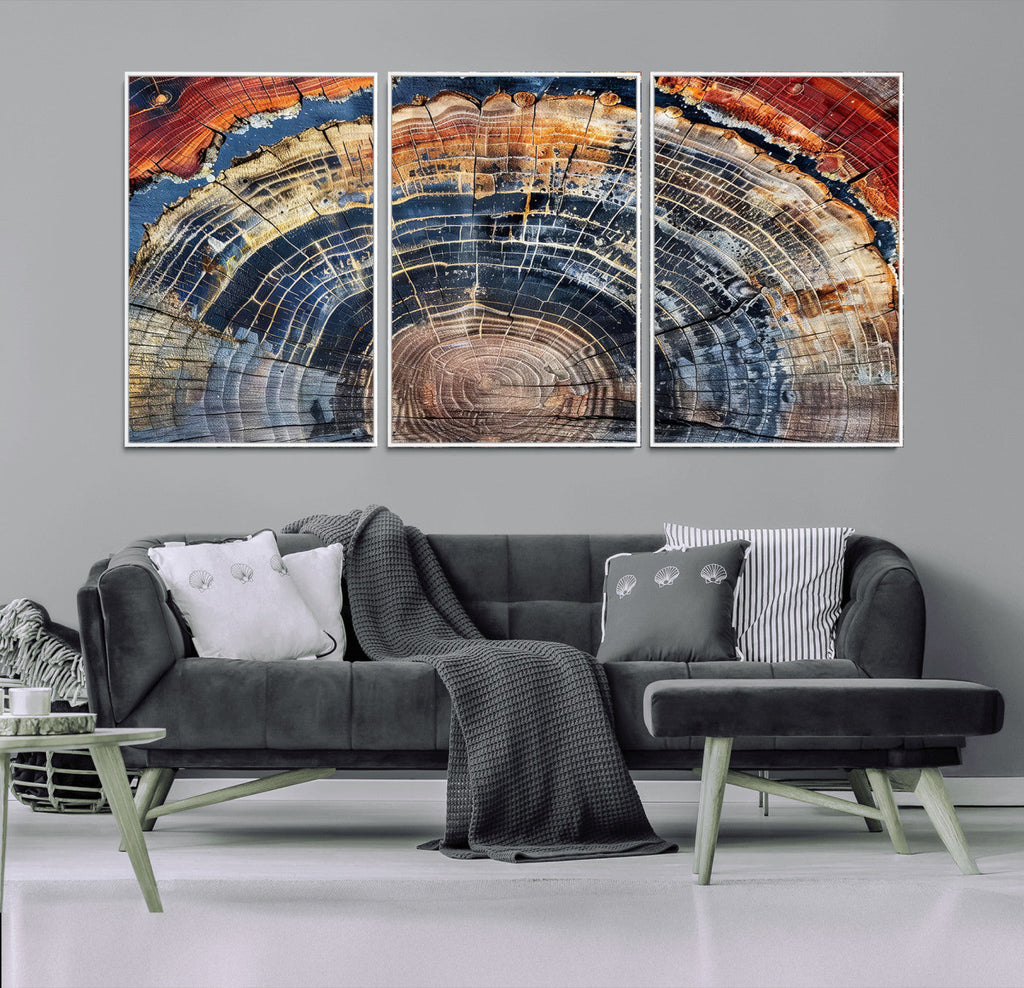 Tree Rings Wall Art Canvas Print, Framed Petrified Wood Modern Rustic